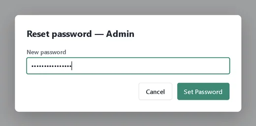 The Reset password dialog for Admin with the new password typed