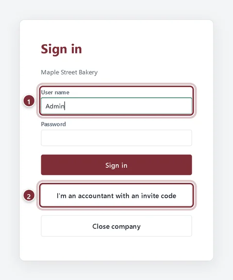 The Sign in screen for Maple Street Bakery with user name, password and the accountant invite button