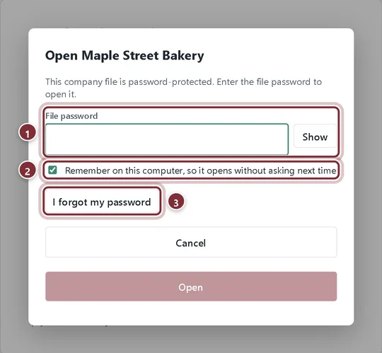 Open Maple Street Bakery dialog with the file password field, the remember checkbox and I forgot my password