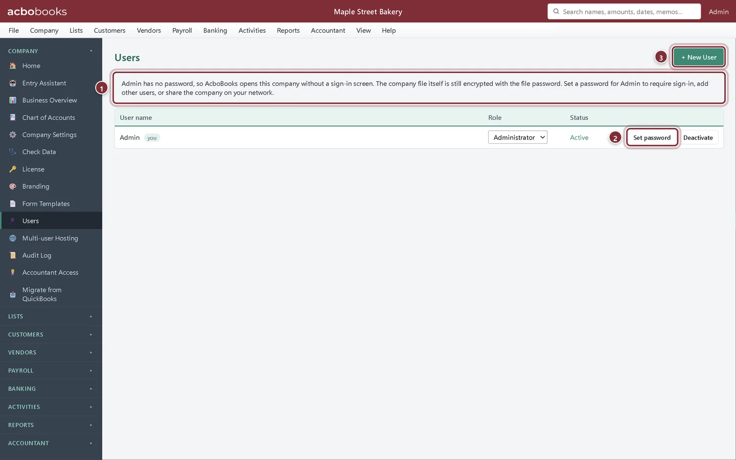 Users screen with the note that Admin has no password, and the Set password and New User buttons