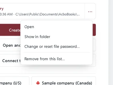 The more-options menu for a company: Open, Show in folder, Change or reset file password, Remove from this list
