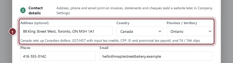 Contact details row with Canada chosen and Ontario as the province