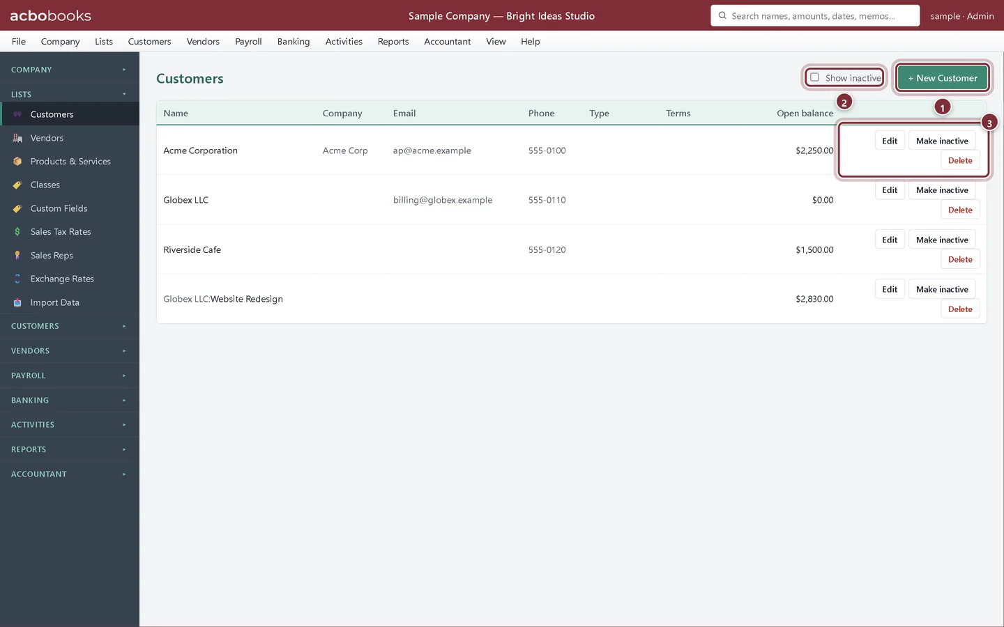 The Customers list with callouts on New Customer, Show inactive and the row buttons