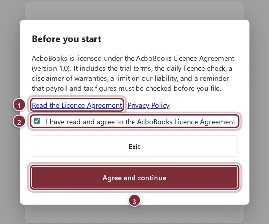 The Before you start dialog with the licence agreement link, the agreement checkbox and the Agree and continue button