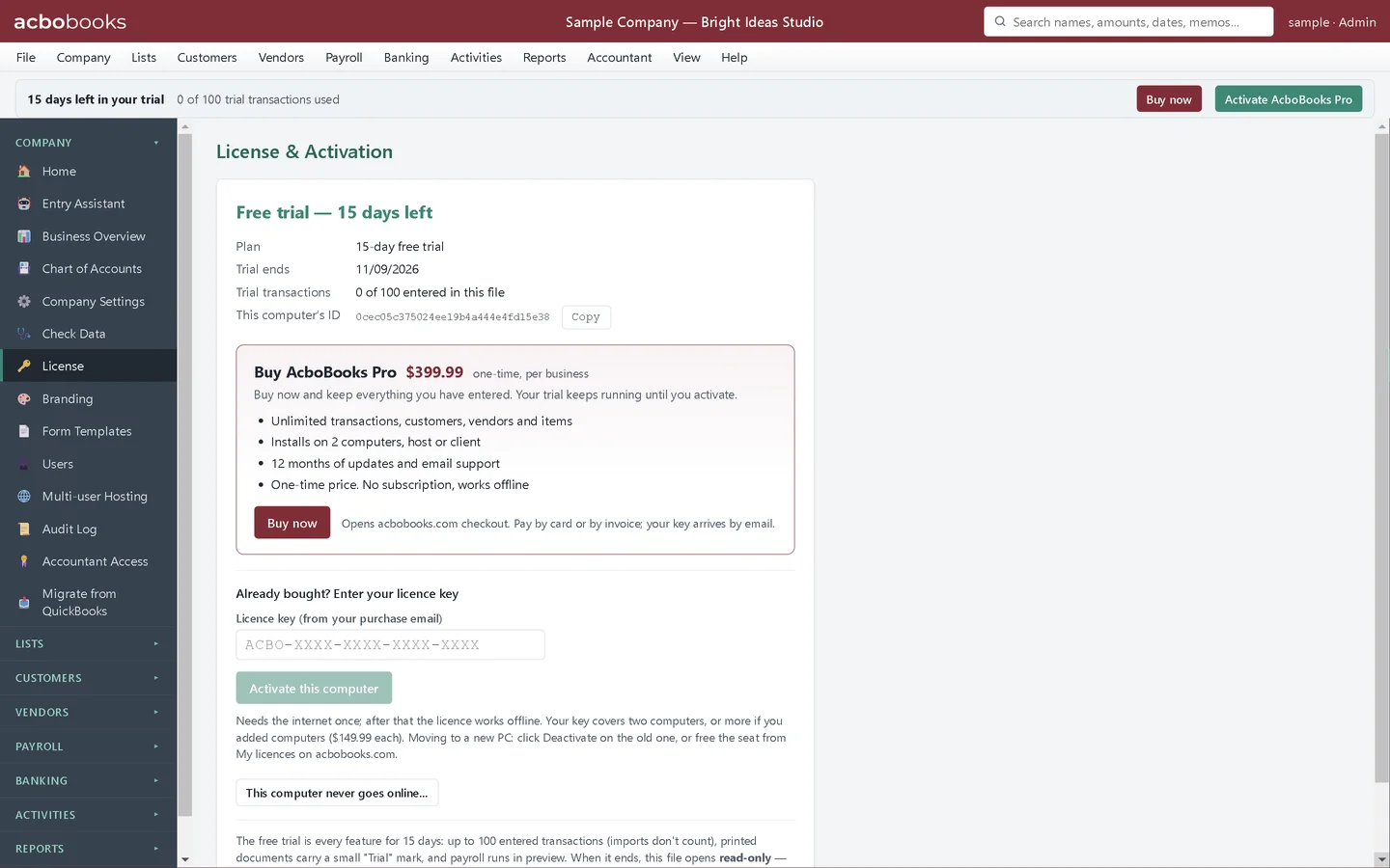 The License & Activation screen showing a free trial with 15 days left, the Buy AcboBooks Pro box and the licence key field