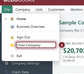 The File menu with Close Company highlighted