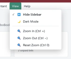 The View menu with Hide Sidebar, Dark Mode and the zoom commands