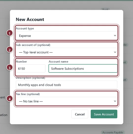 New Account dialog for an Expense account named Software Subscriptions, number 6150