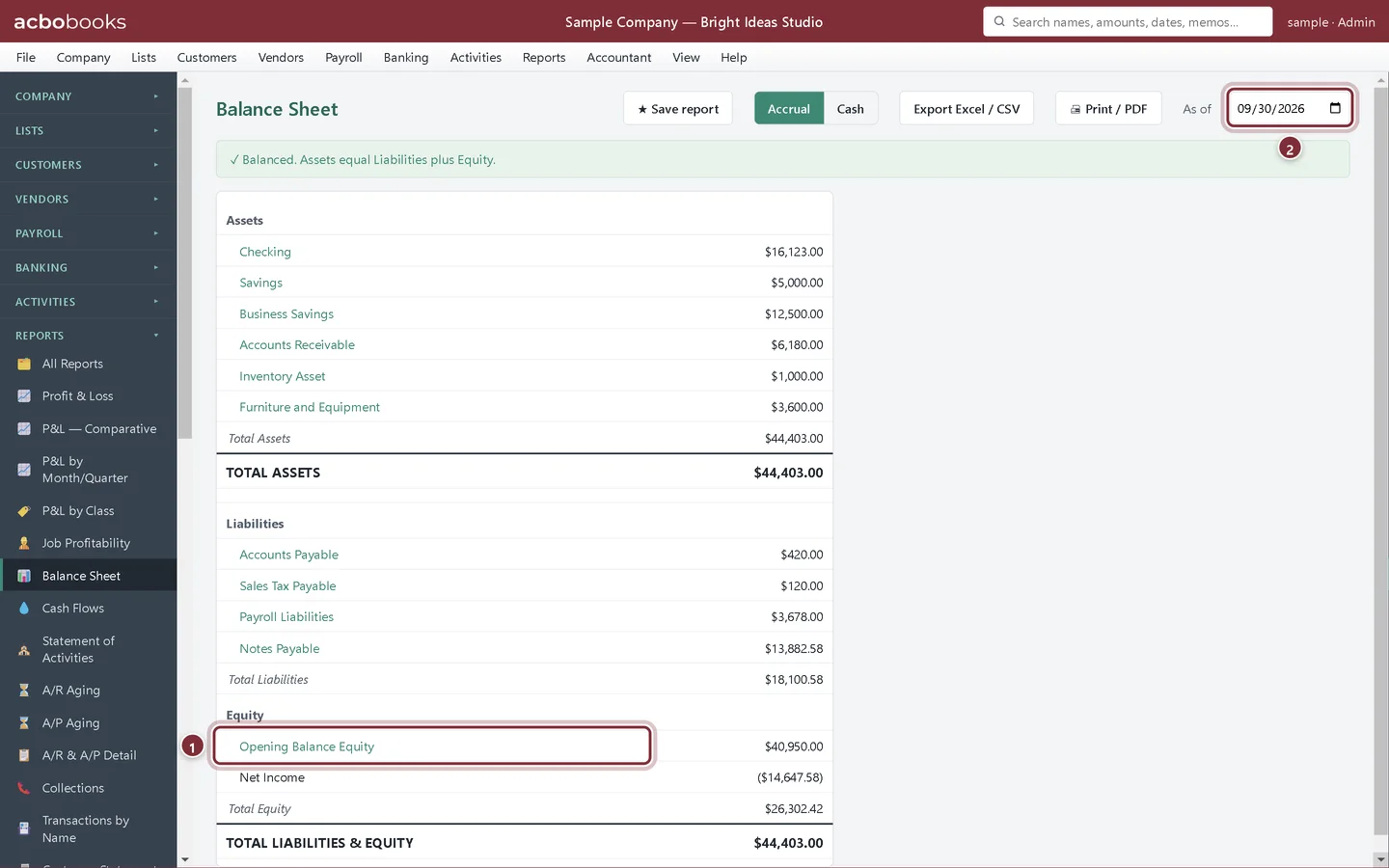 Balance Sheet as of 09/30/2026 showing the new Business Savings account and Opening Balance Equity under Equity