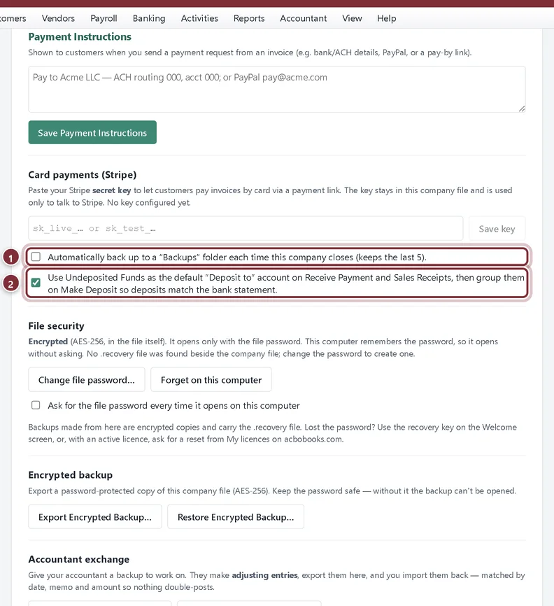 Company Settings showing the automatic backup and Undeposited Funds checkboxes