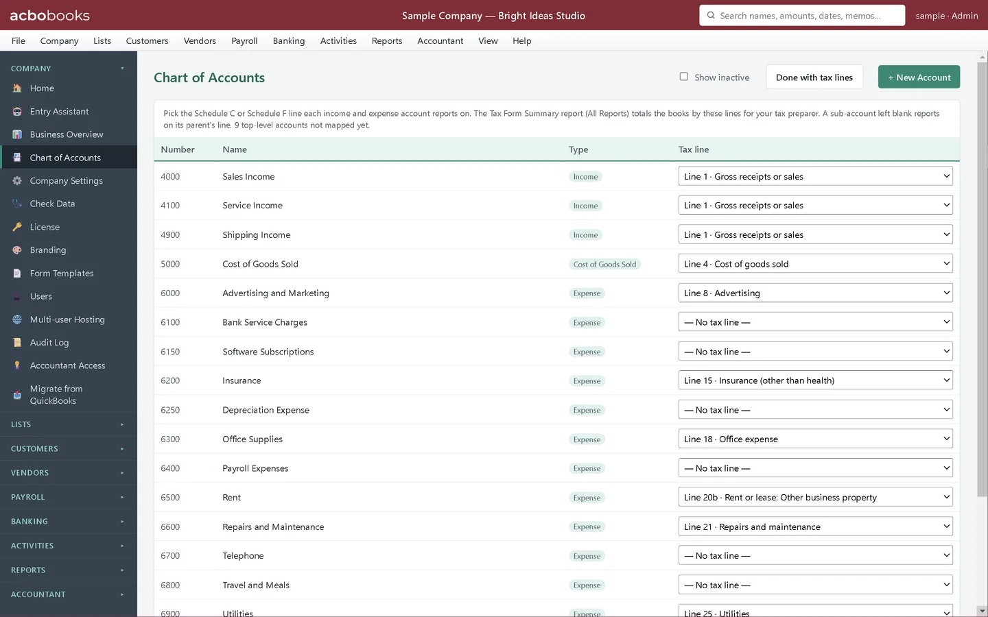 The Tax lines view with a Schedule C line chosen for each income and expense account