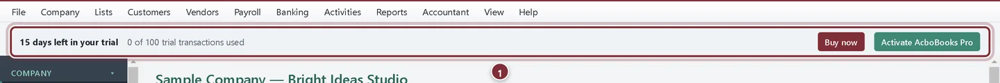 The trial bar showing 15 days left and 0 of 100 trial transactions used, with Buy now and Activate AcboBooks Pro buttons
