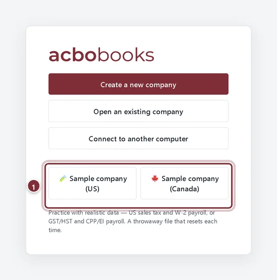 Welcome screen with the US and Canadian sample company buttons highlighted