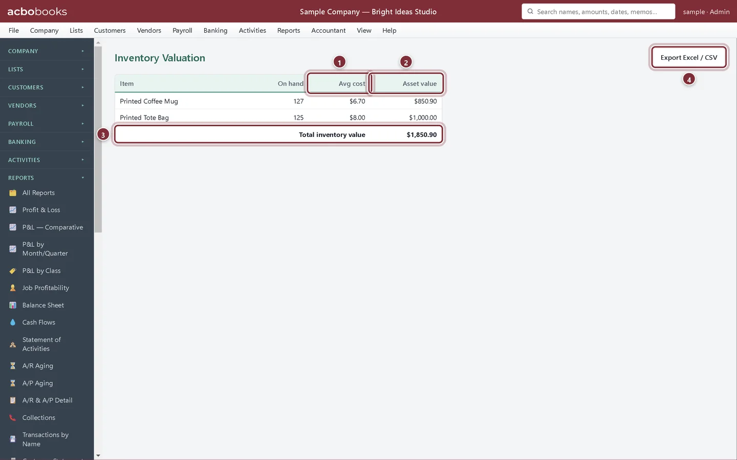 Inventory Valuation with average cost, asset value, the total inventory value and Export highlighted