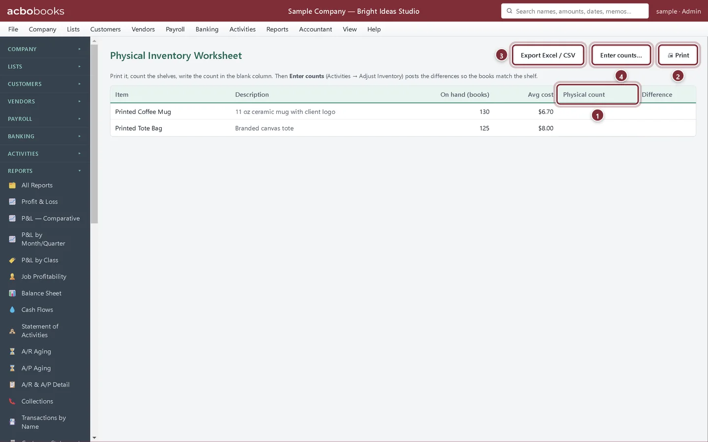 Physical Inventory Worksheet with Print, Export, Enter counts and the Physical count column highlighted