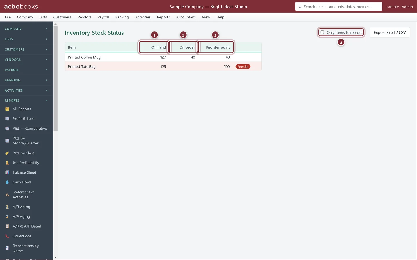 Inventory Stock Status with on hand, on order and reorder point columns and the Printed Tote Bag flagged Reorder
