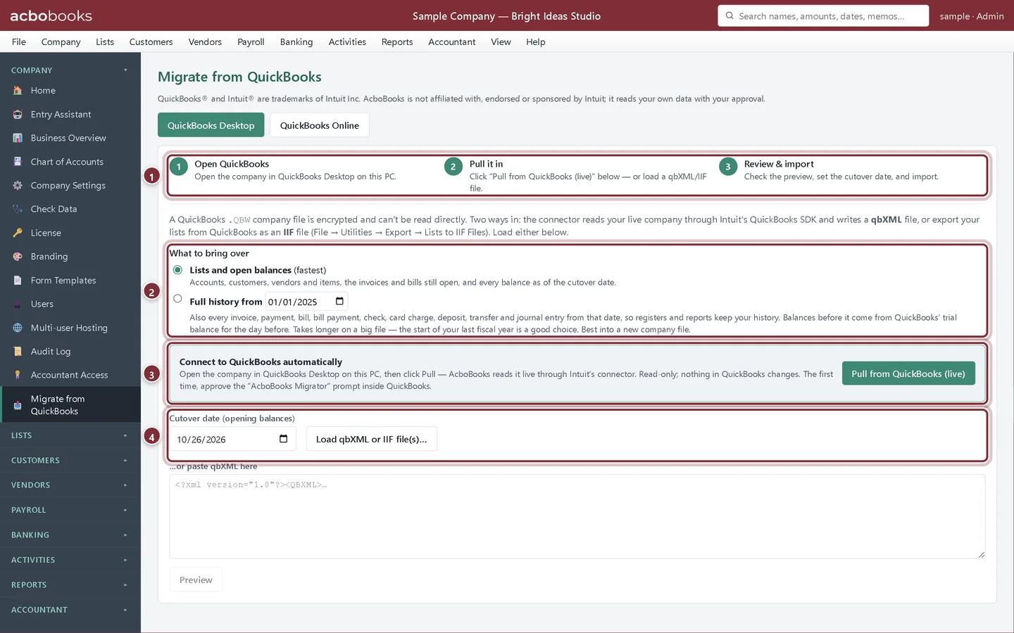The QuickBooks Desktop tab of Migrate from QuickBooks
