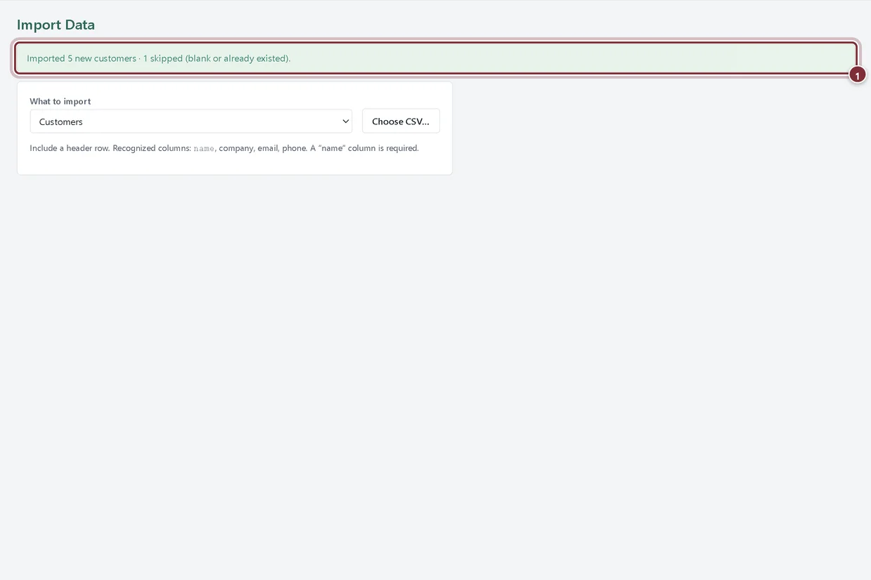 Imported 5 new customers, 1 skipped (blank or already existed)