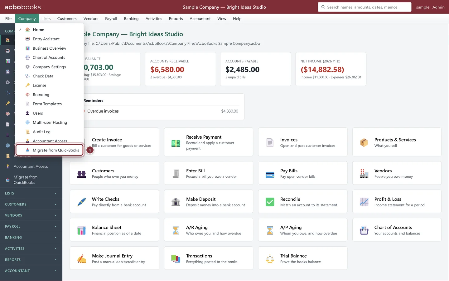 The Company menu open with Migrate from QuickBooks at the bottom