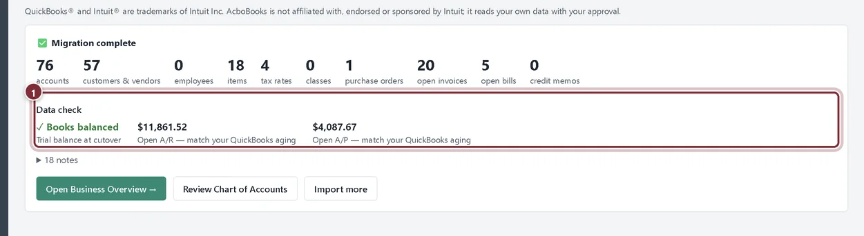 Migration complete for the QuickBooks Online import