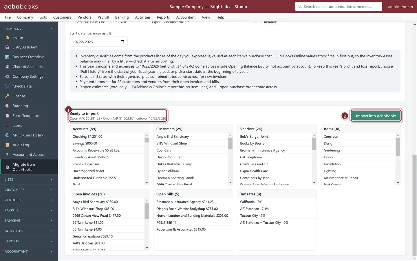 The preview of the QuickBooks Online test-drive company