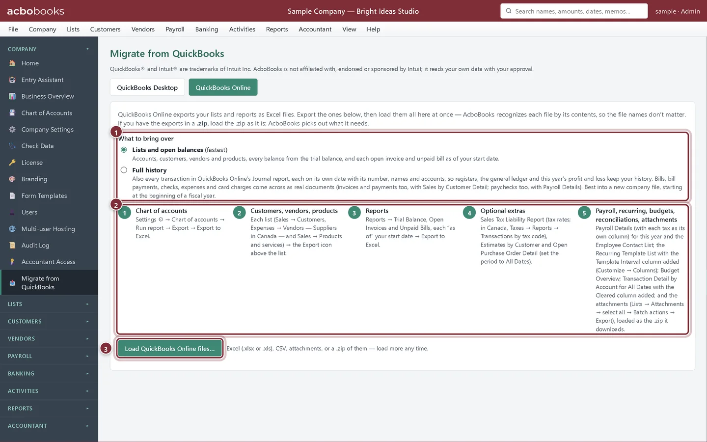 The QuickBooks Online tab with the five export steps