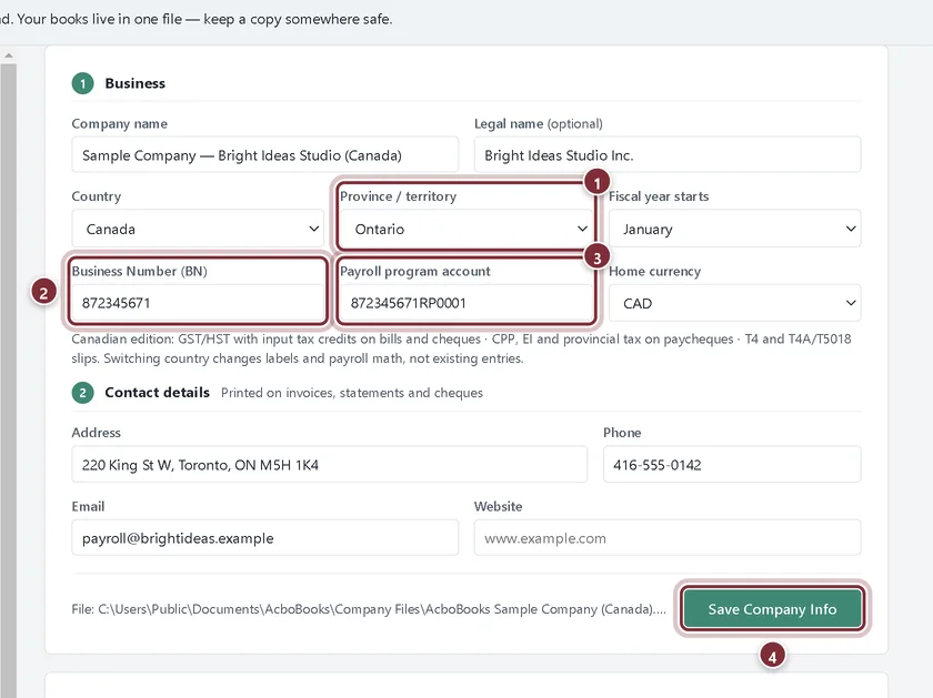 Company Settings for the Canadian sample company with Ontario, a BN and a payroll program account