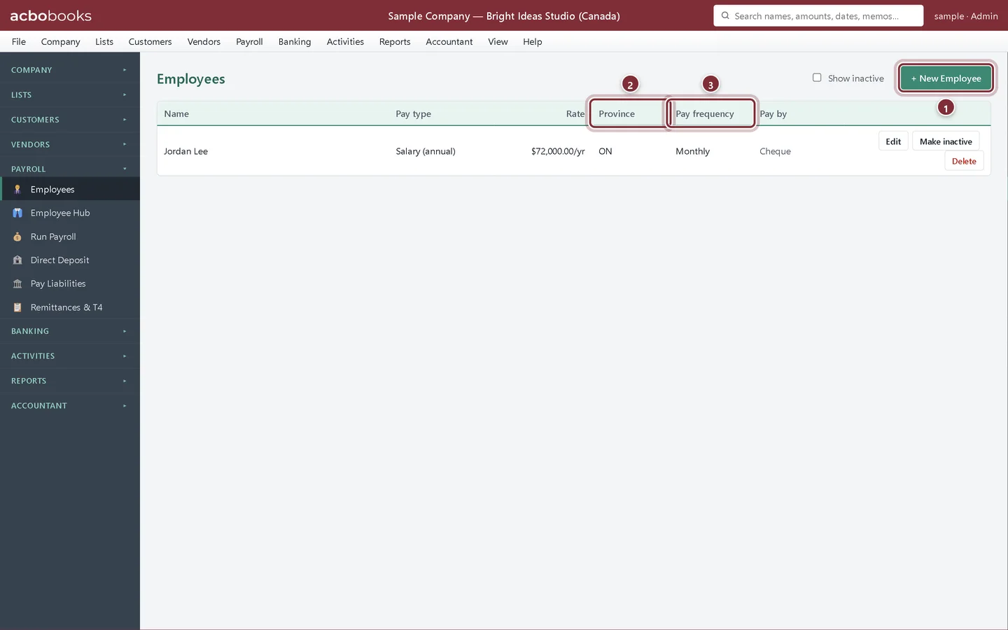 Employees list for the Canadian sample company with Province and Pay frequency columns