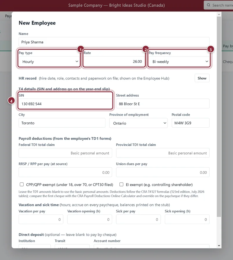 New Employee window with Hourly, 26.00, Bi-weekly and a SIN