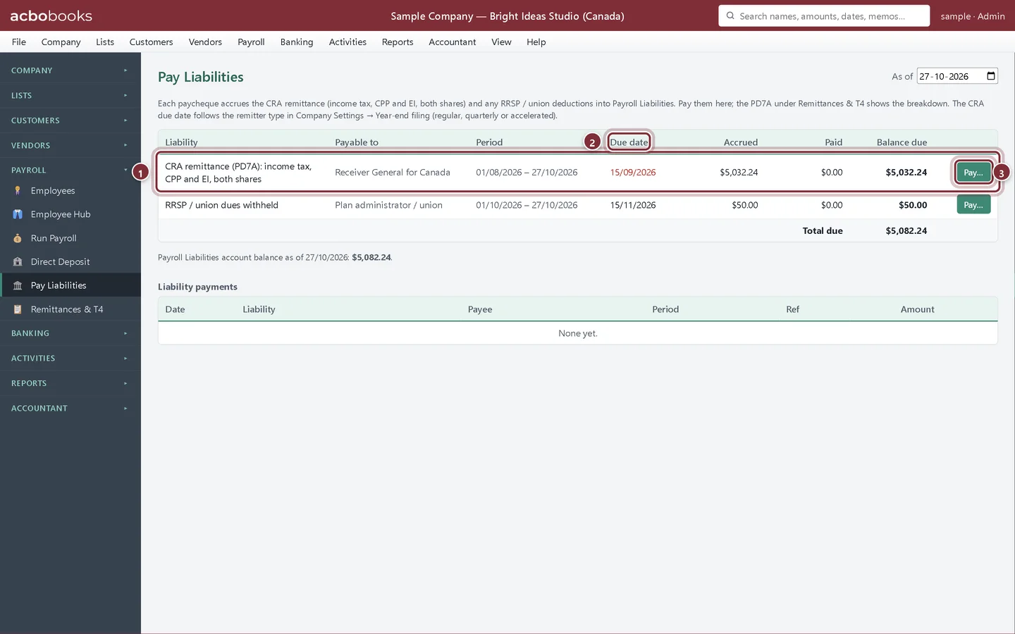 Pay Liabilities with the CRA remittance row, an overdue due date and the Pay button