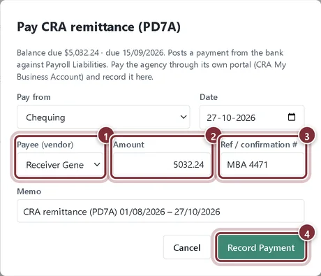 Pay CRA remittance (PD7A) window with payee Receiver General, amount and confirmation number