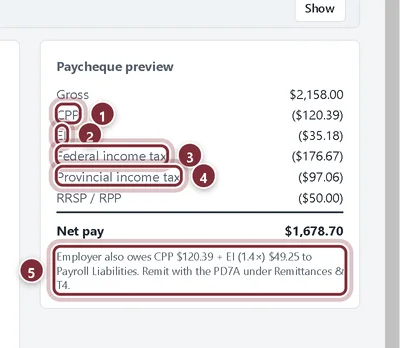 Paycheque preview with gross, CPP, EI, federal and provincial income tax, RRSP and net pay