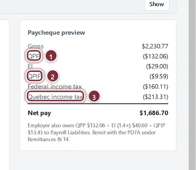 Paycheque preview for a Quebec employee with QPP, EI, QPIP, federal and Quebec income tax