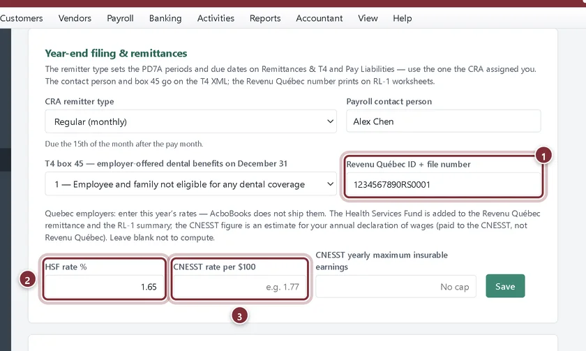 Year-end filing panel with a Revenu Québec number, HSF rate and CNESST rate fields