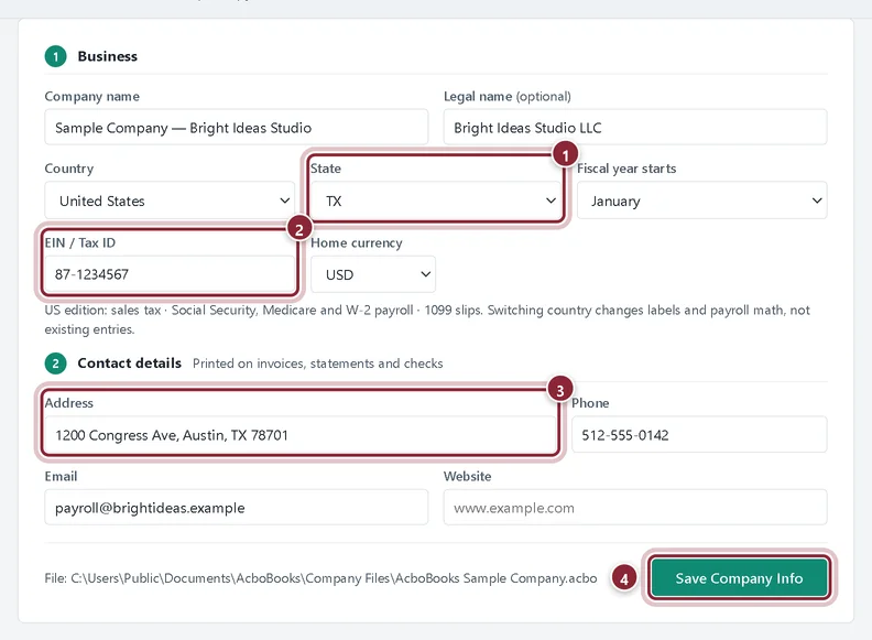 Company Settings Business section with State TX, an EIN and the company address filled in