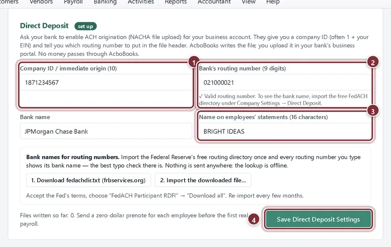 Direct Deposit panel in Company Settings with a company ID, routing number and statement name