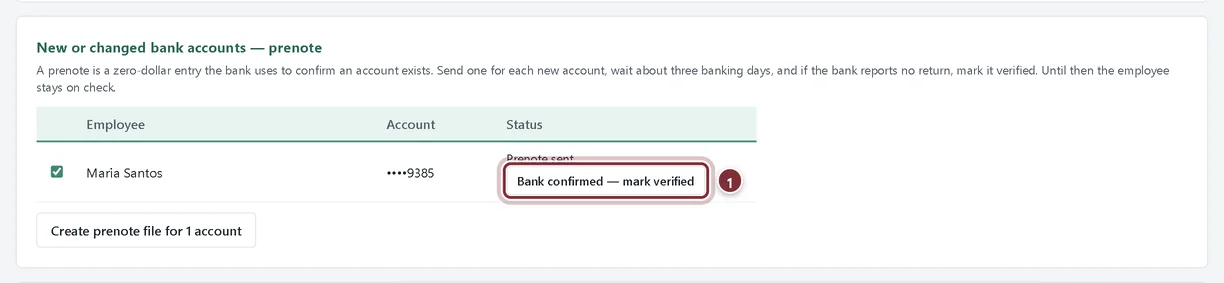 Prenote sent status with the Bank confirmed — mark verified button