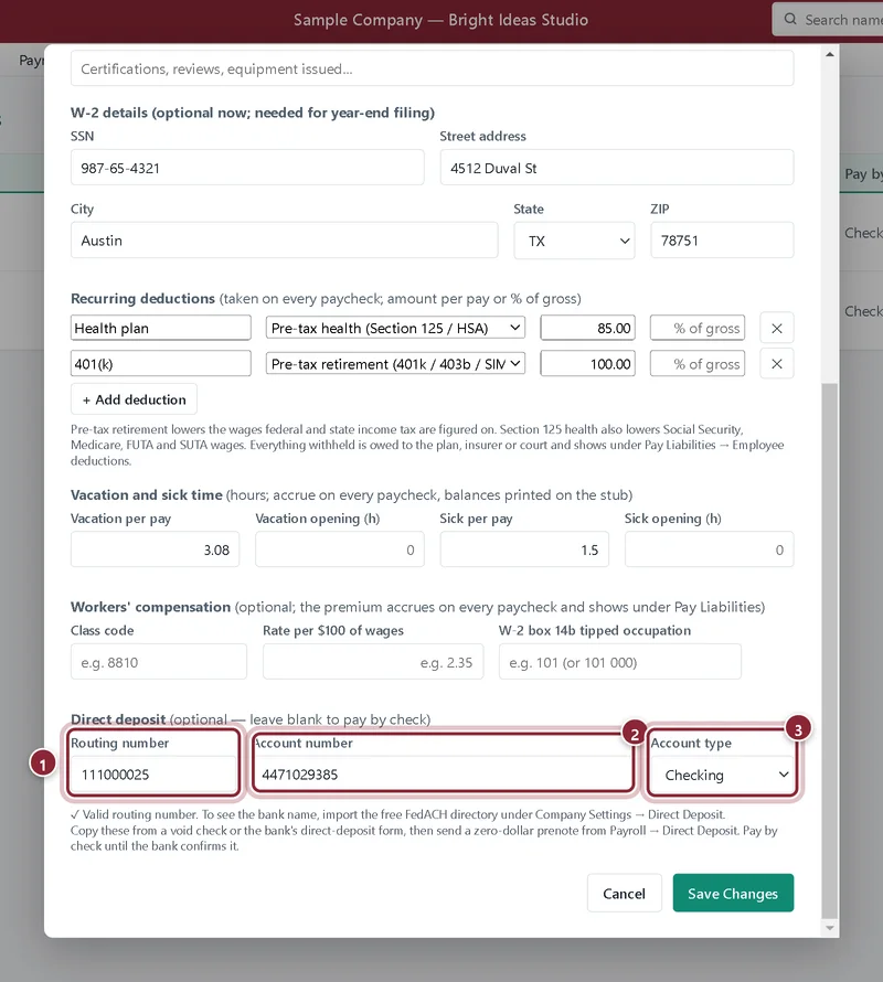 Edit Employee window with routing number, account number and account type under Direct deposit