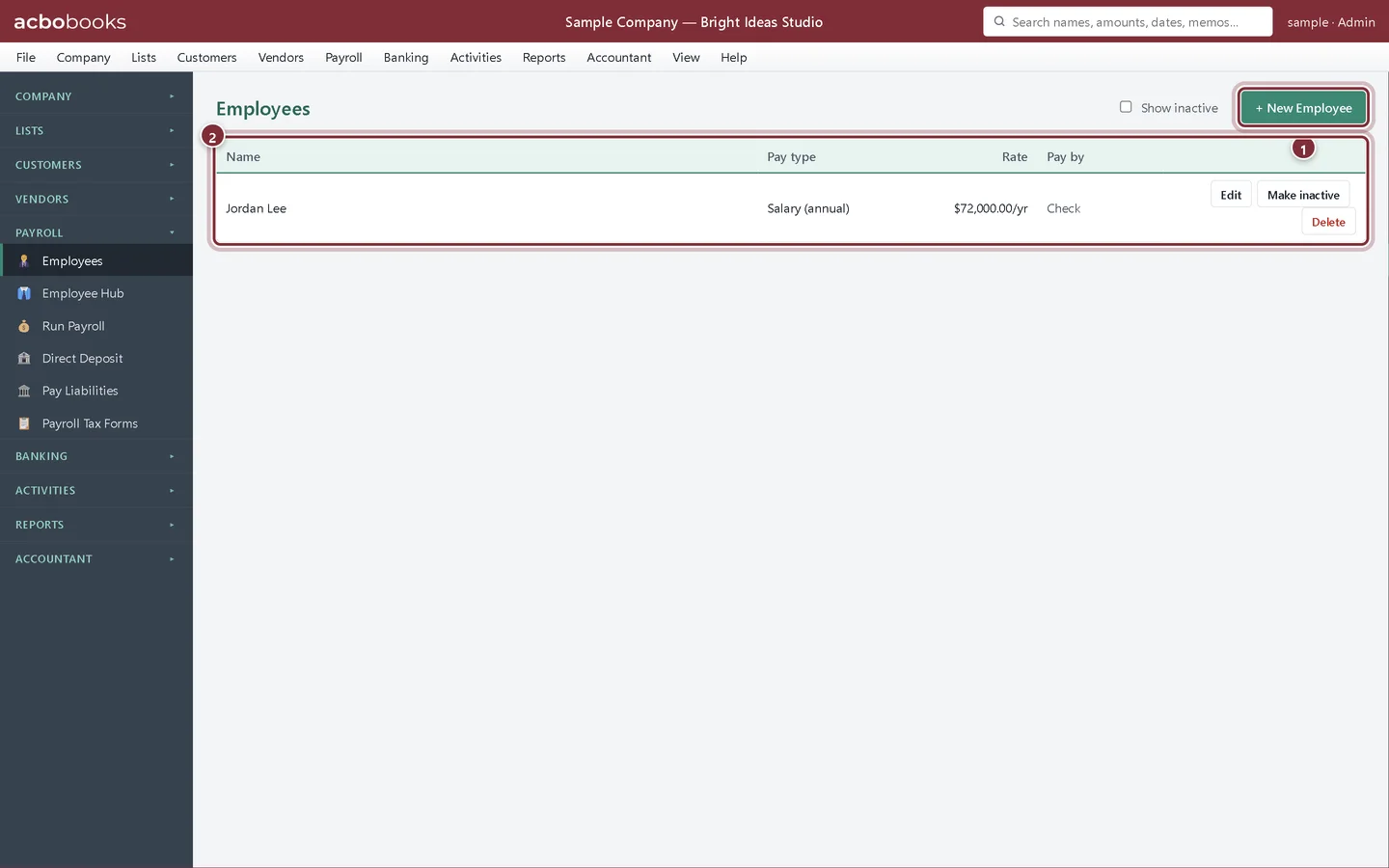 Employees list with the sample employee Jordan Lee and the + New Employee button