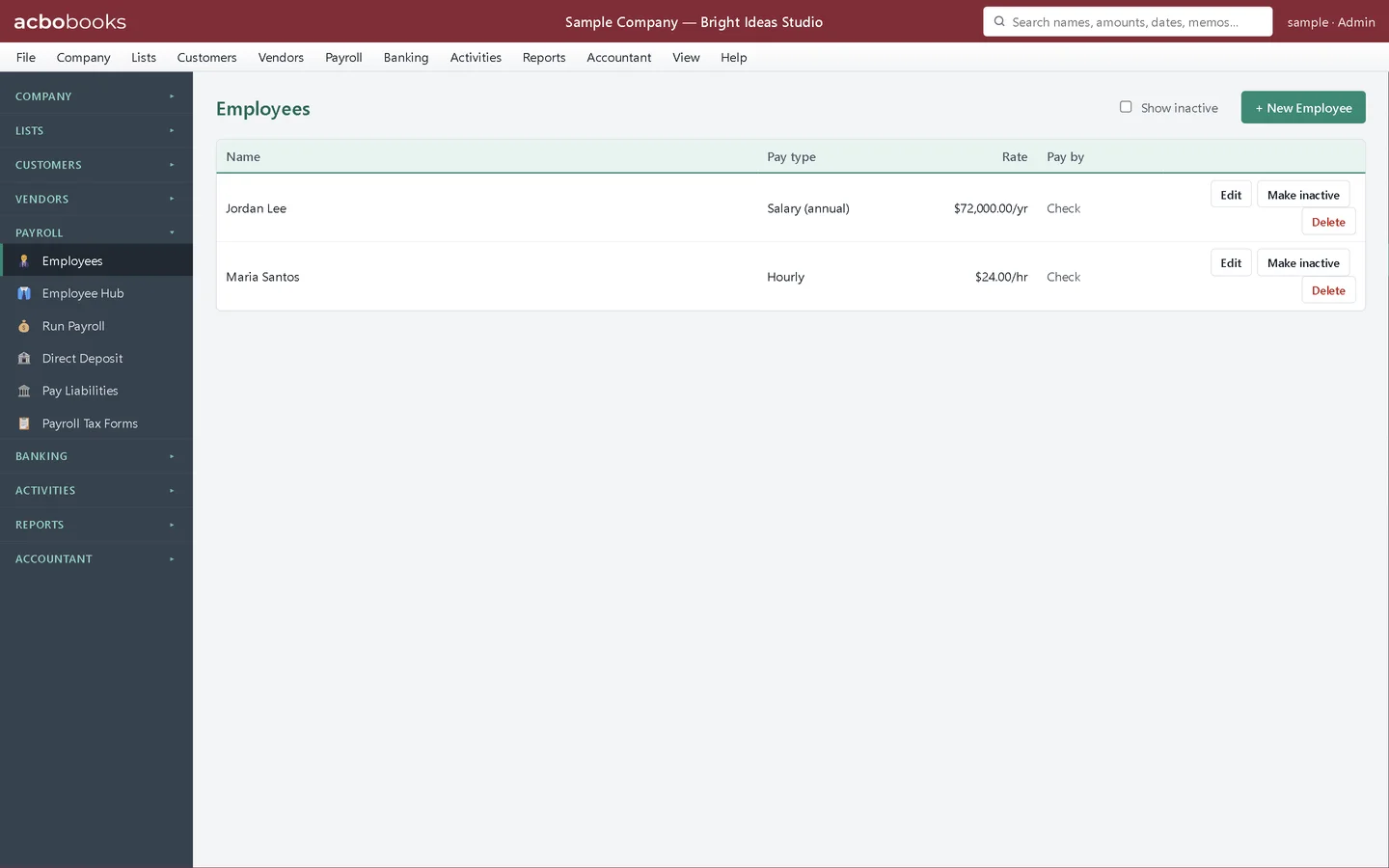 Employees list showing Maria Santos, Hourly, $24.00/hr, paid by Check