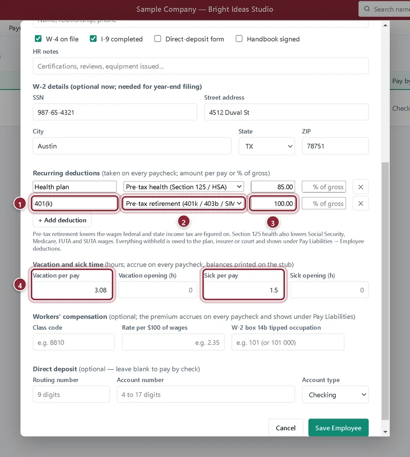 Recurring deductions with a 401(k) and a health plan, and vacation and sick hours per pay