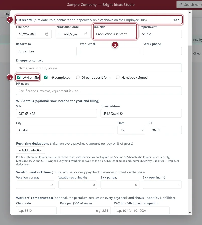 HR record section with hire date, job title Production Assistant and W-4 on file ticked