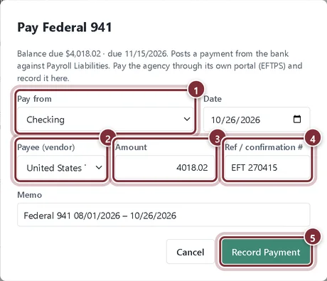 Pay Federal 941 window with the bank account, payee, amount and confirmation number
