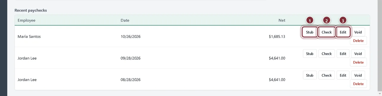 Recent paychecks list with Stub, Check and Edit buttons on Maria Santos' paycheck
