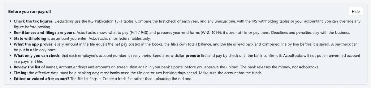 The Before you run payroll notice on the Run Payroll screen