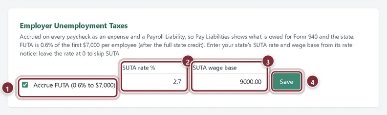 Employer Unemployment Taxes panel with Accrue FUTA ticked, SUTA rate 2.7 and wage base 9000