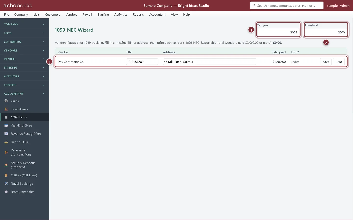 1099-NEC Wizard for 2026 with a $2,000 threshold and Dev Contractor Co marked under