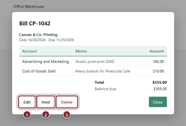 Bill CP-1042 details with Edit, Void and Delete buttons