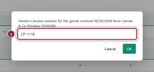 Dialog asking for the vendor's invoice number, with CP-1118 typed in