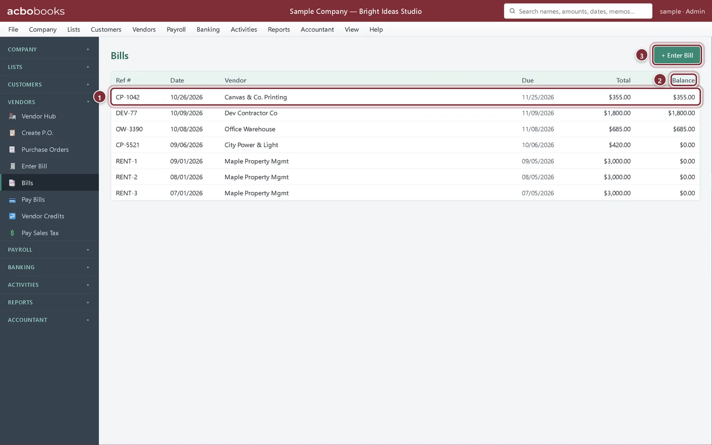 Bills list with the new CP-1042 bill, the Balance column and the Enter Bill button highlighted